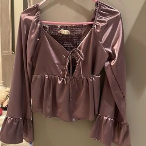 womens Altard State XS long sleeve metalic purple blouse, with bell bottom sleev